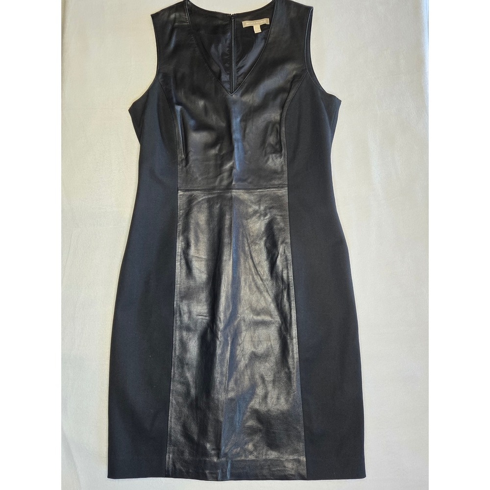 Banana Republic Womens Black Leather Front Ponte Sheath Dress V-Neck Size 12 - Picture 2 of 10